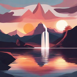 An abstract representation of a sunset over a tranquil lake, with a cascading waterfall and towering mountain in the background