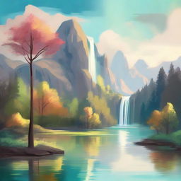 Abstract depiction of a nature scene with a serene lake, towering mountain, captivating waterfall, and expansive tree landscape.