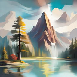 Abstract depiction of a nature scene with a serene lake, towering mountain, captivating waterfall, and expansive tree landscape.