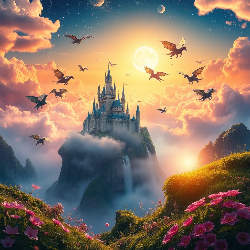 A surreal landscape with vibrant colors, featuring a fantastical castle in the clouds, surrounded by floating islands and waterfalls