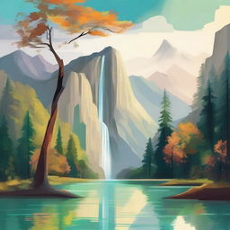 Abstract depiction of a nature scene with a serene lake, towering mountain, captivating waterfall, and expansive tree landscape.