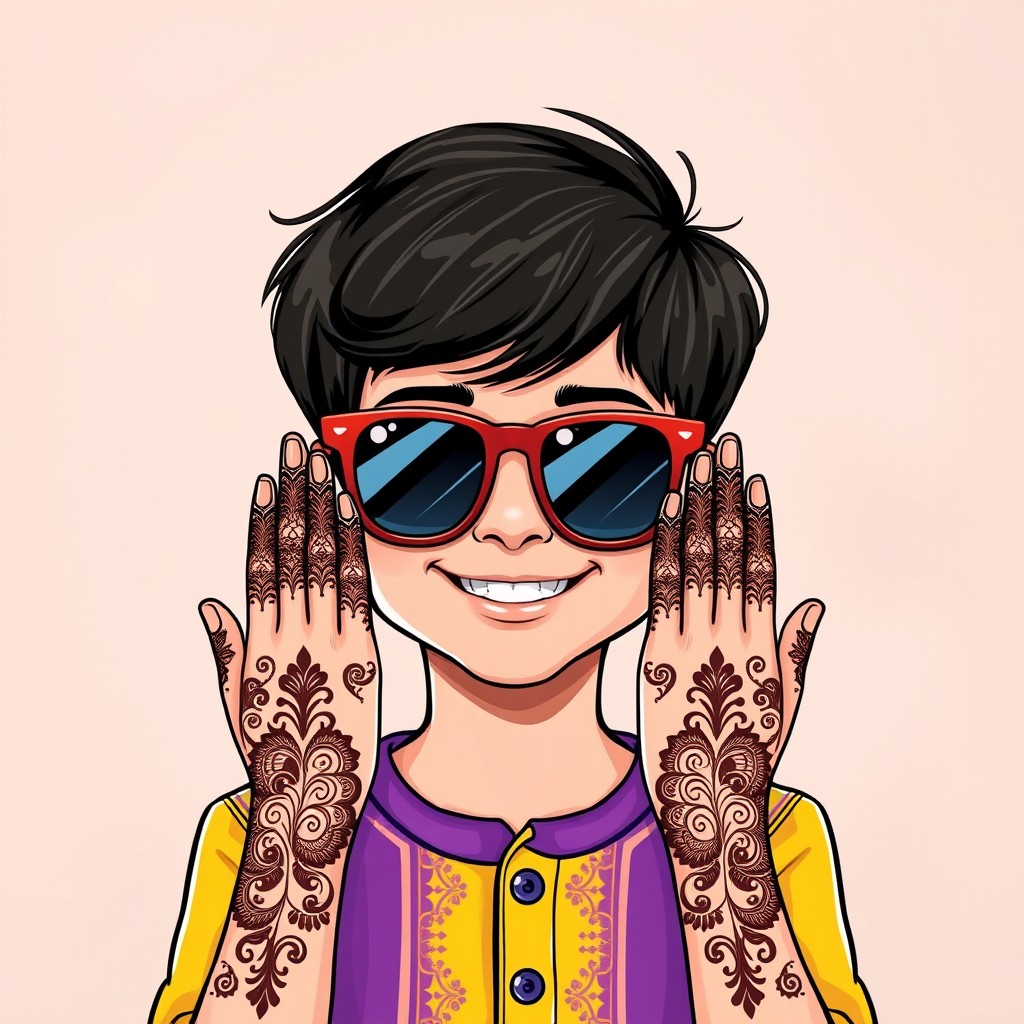 A stylish illustration of a young boy wearing sunglasses, featuring intricate mehndi designs on his hands