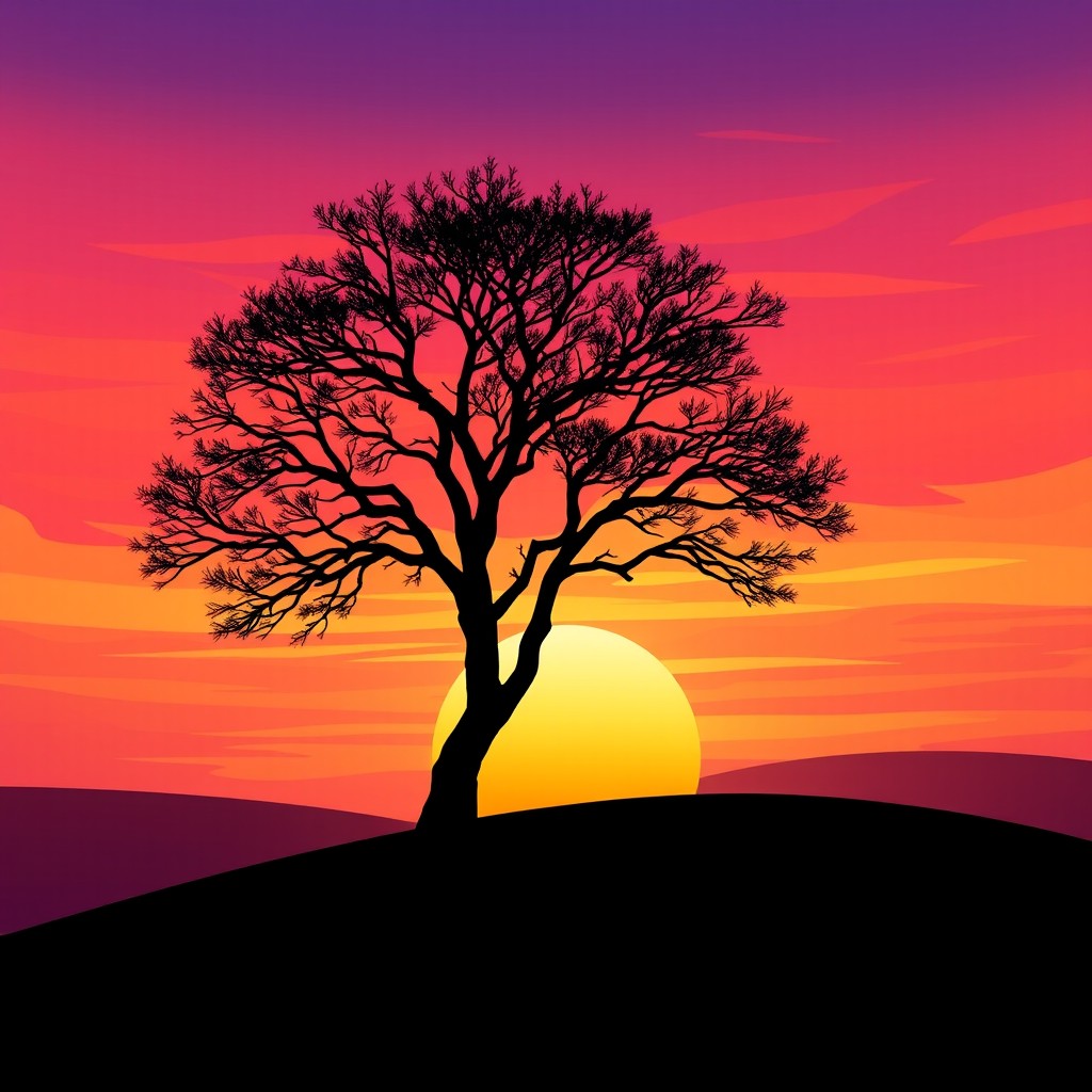 A stylized, artistic representation of a beautiful sunset behind a silhouette of a lone tree standing on a hill
