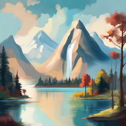 Abstract depiction of a nature scene with a serene lake, towering mountain, captivating waterfall, and expansive tree landscape.