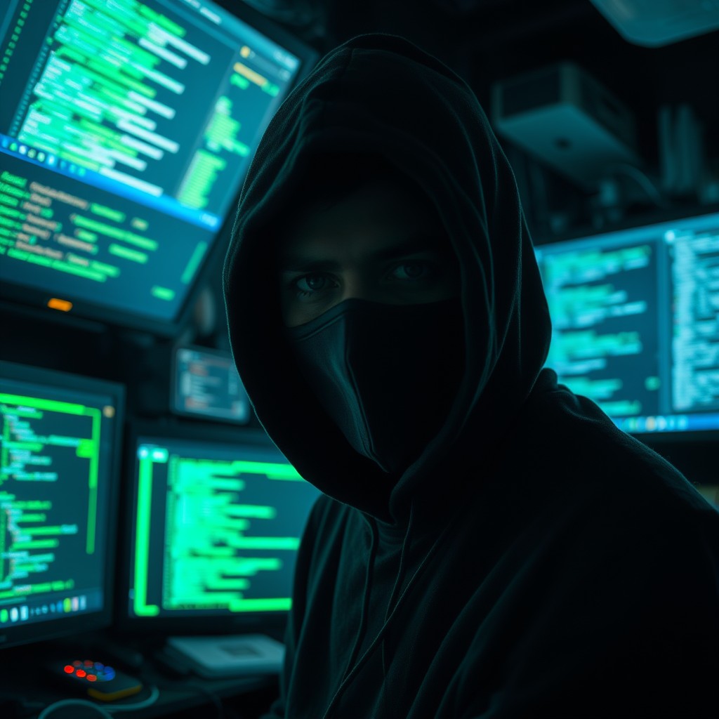 A high-resolution image depicting a mysterious hacker in a dark, ambient environment