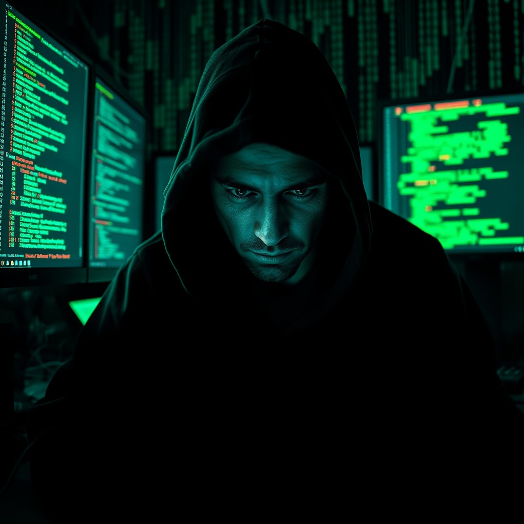 A mysterious hacker in a dark room, illuminated only by multiple screens displaying lines of code and hacking interfaces