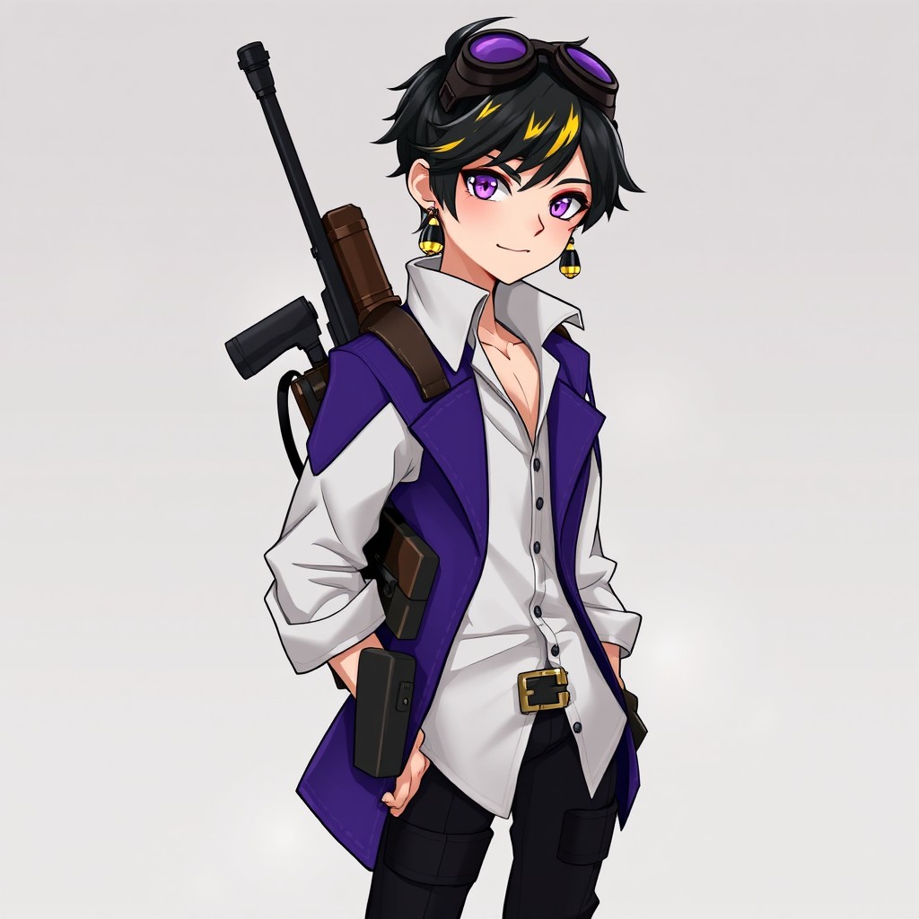 A steampunk character with striking features: short black hair adorned with vibrant yellow streaks, bright purple eyes that capture attention, and earrings gleaming in both ears
