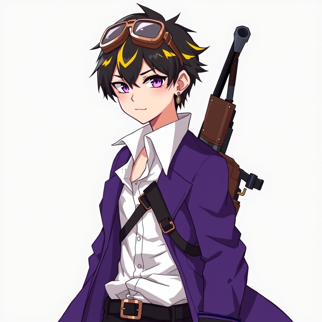 A steampunk character with a striking appearance: he has short black hair with bright yellow streaks, vivid purple eyes that stand out, and earrings in both ears