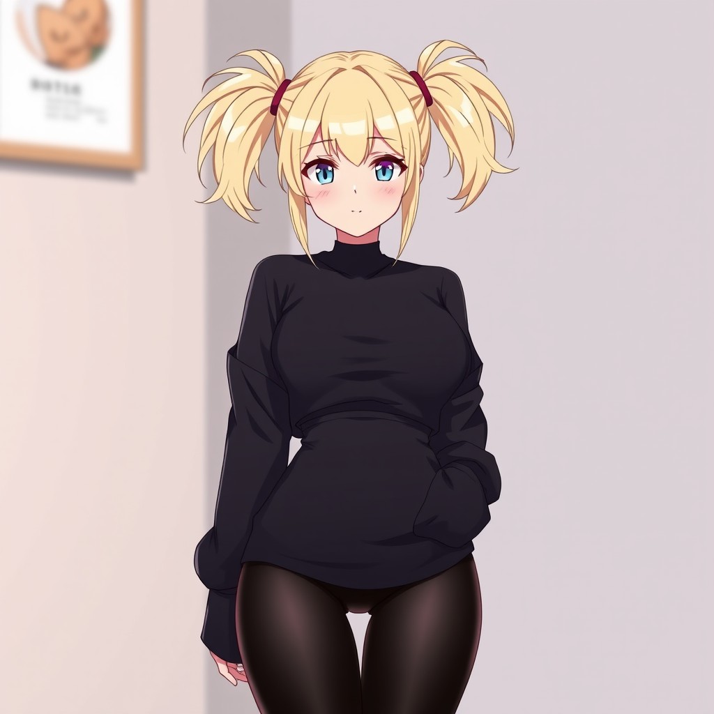 An anime adult girl with beautiful light blonde hair styled into two high ponytails on either side of her head, looking stylish and appealing