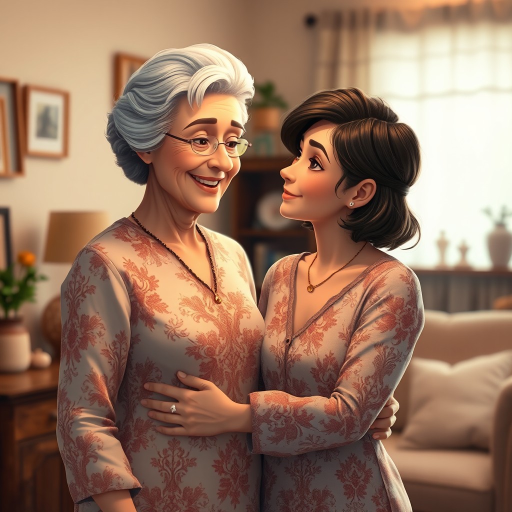 A gentle and romantic scene featuring an affectionate moment between an older woman and a younger man, capturing the warmth and tenderness of their relationship