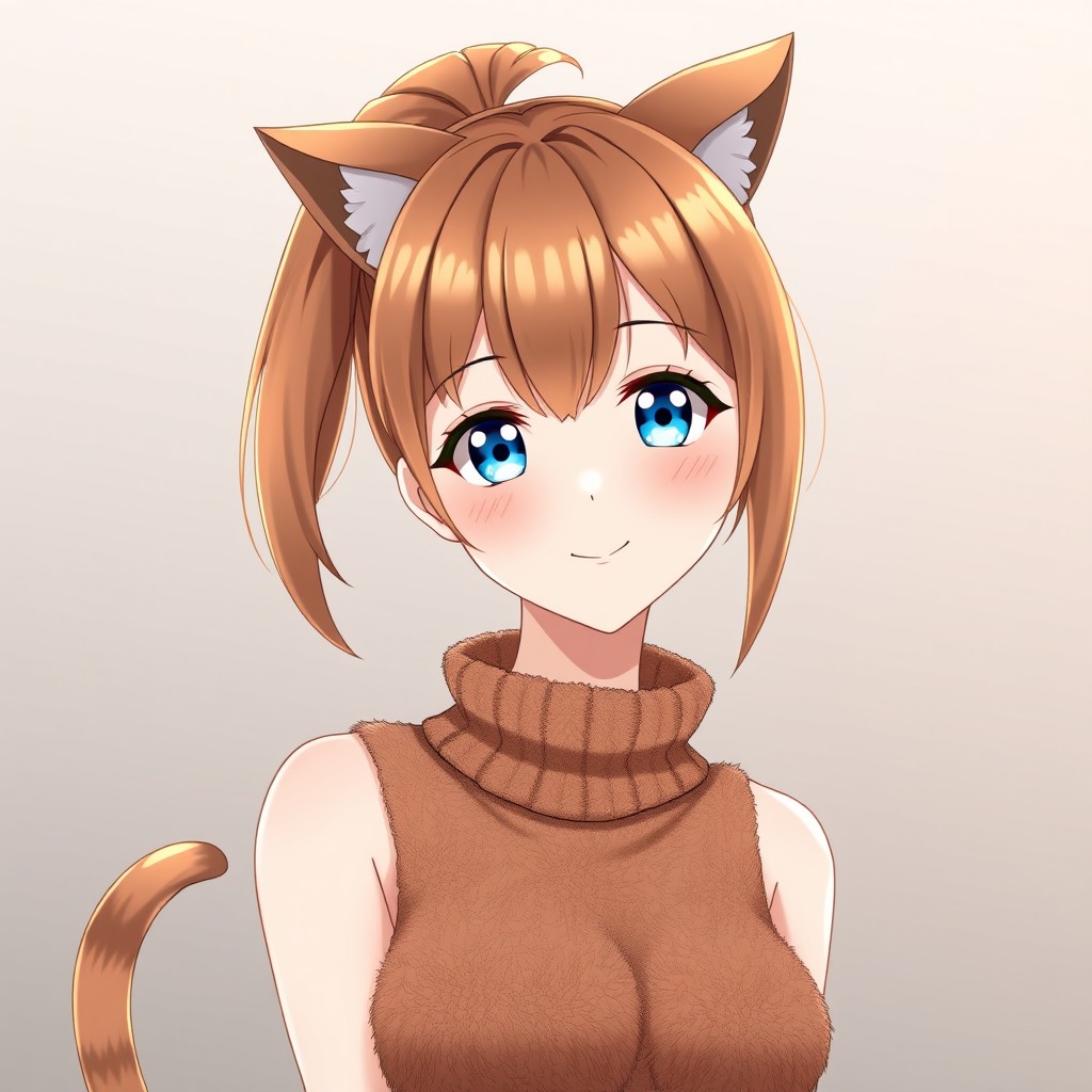 An anime adult woman with a stylish brown ponytail hairstyle and striking blue eyes