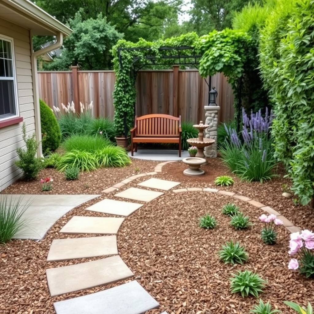 A small rectangular backyard garden exuding a cozy secret garden feel, featuring an 8x12 concrete patio slab in one corner near a house