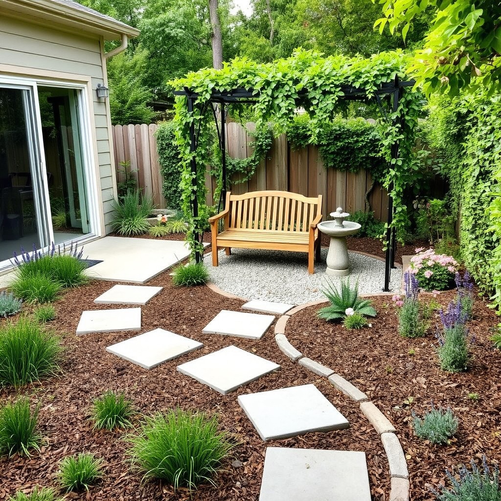 A small rectangular backyard designed as a cozy secret garden, featuring a large 8x12 concrete patio slab situated in the back left corner near a house with a sliding glass door