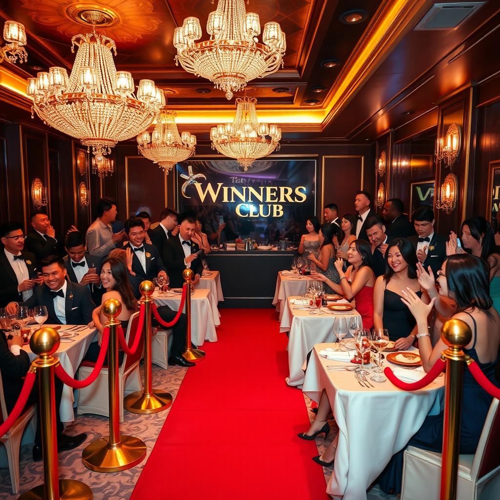 A vibrant and exclusive 'Winners Club' setting, filled with elegantly dressed individuals enjoying a luxurious celebration