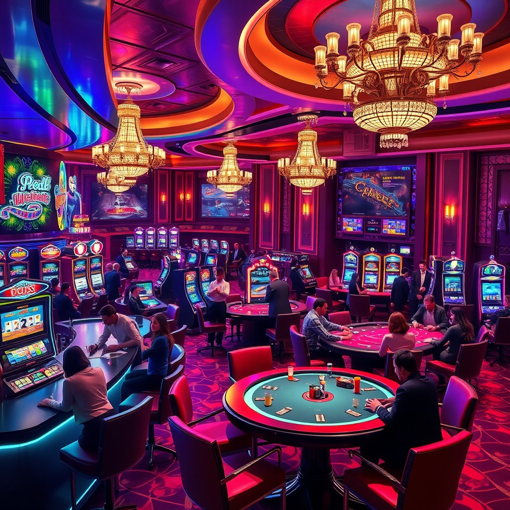 An imaginative depiction of a luxurious casino environment, filled with vivid colors and shimmering lights