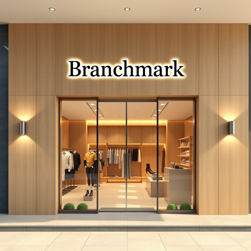 A hyper-realistic architectural render of a modern storefront exterior design for a fashion and lifestyle retail brand named 'Branchmark'