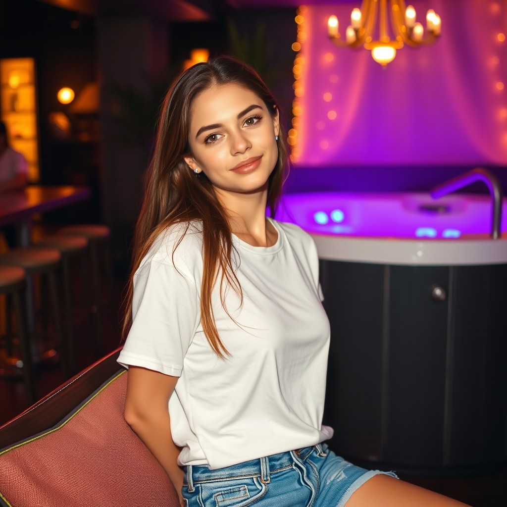 A beautiful girl sitting comfortably in a bar, wearing a casual white t-shirt and stylish short jeans