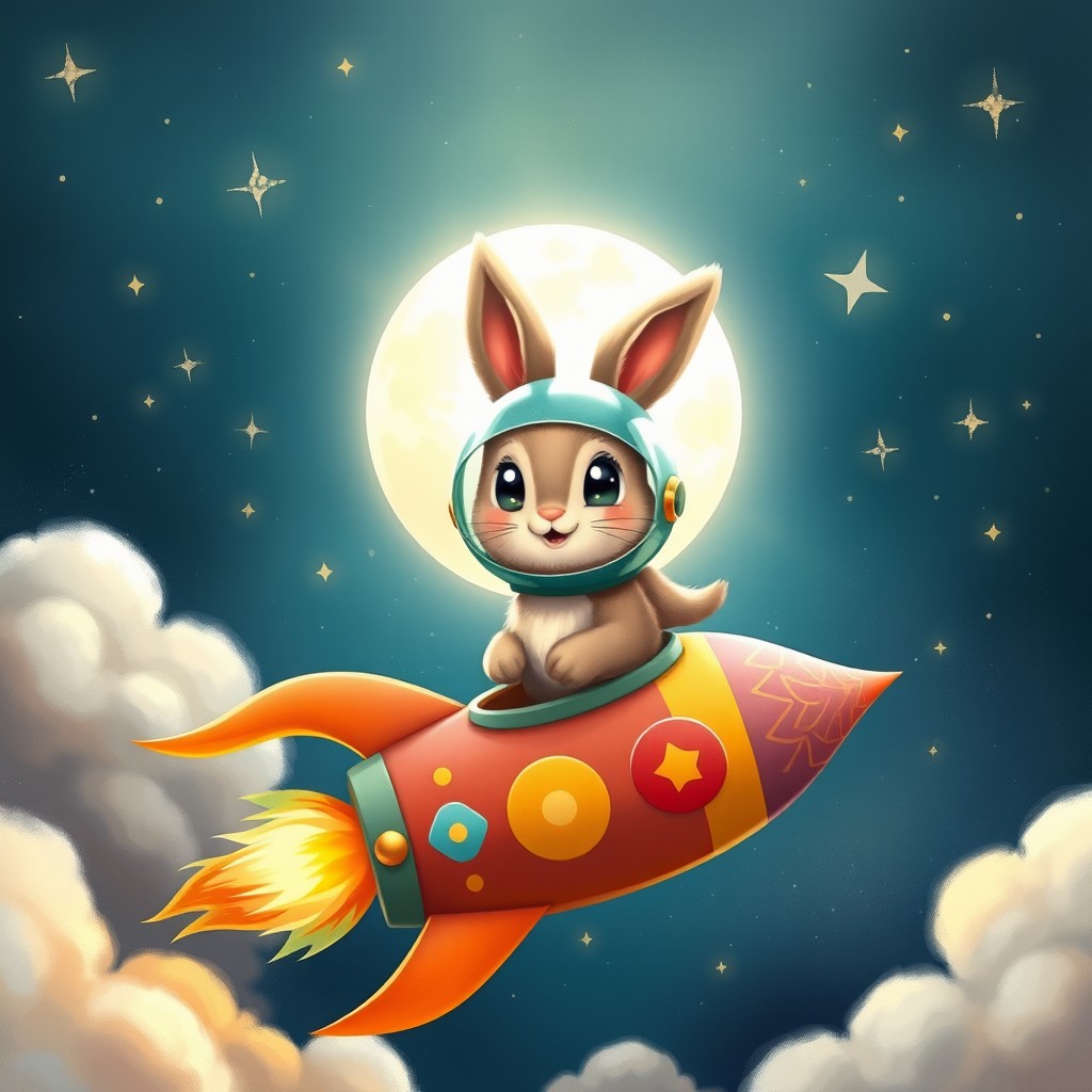 A whimsical and enchanting illustration featuring a hare named Luna embarking on a journey to the moon