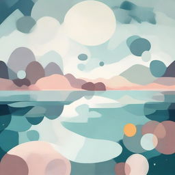 Abstract interpretation of a serene lake, bathed in soft, otherworldly hues, and dotted with geometric shapes that replace typical lake elements