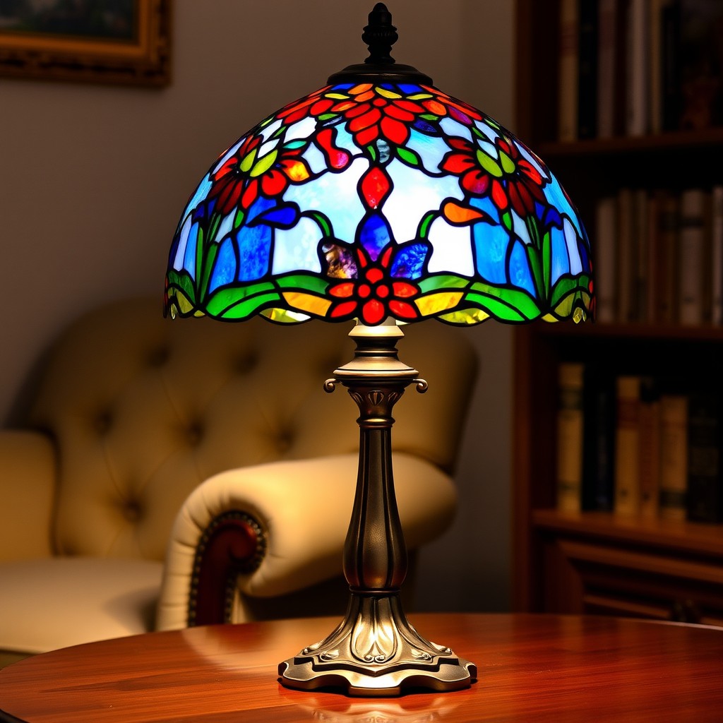 A vintage-style table lamp featuring a stained glass shade with intricate floral patterns in vibrant colors such as red, blue, and green