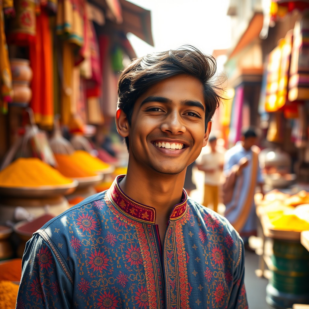 a portrait of a young Indian adult, smiling, wearing traditional Indian attire, colorful kurta with intricate patterns, standing in a vibrant street market filled with spices and textiles, bright colors all around, warm sunny day, joyful expression