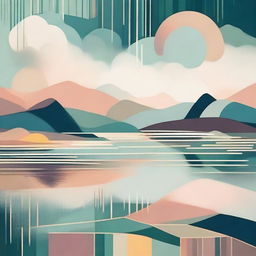 Abstract interpretation of a serene lake, bathed in soft, otherworldly hues, and dotted with geometric shapes that replace typical lake elements