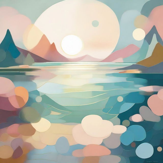 Abstract interpretation of a serene lake, bathed in soft, otherworldly hues, and dotted with geometric shapes that replace typical lake elements