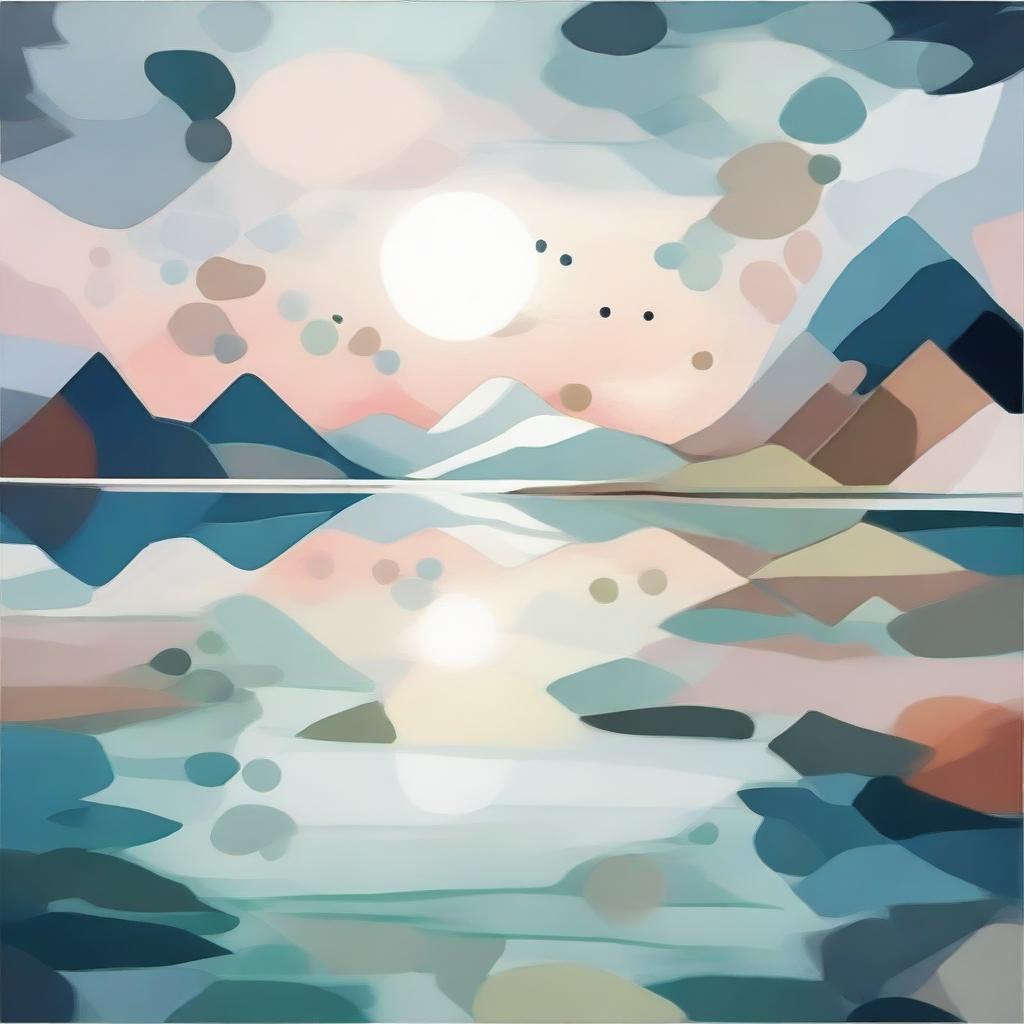 Abstract interpretation of a serene lake, bathed in soft, otherworldly hues, and dotted with geometric shapes that replace typical lake elements