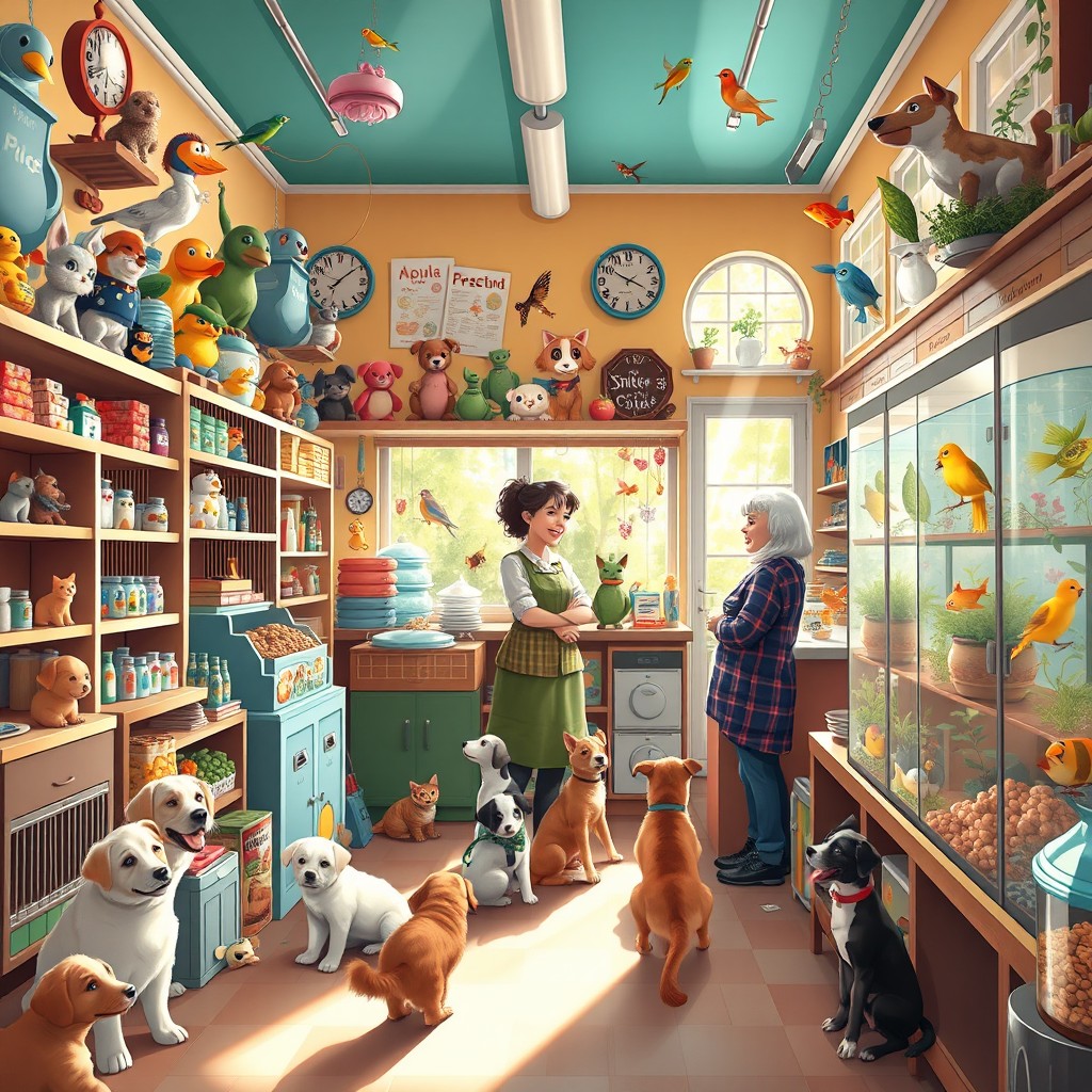A cozy, colorful pet shop filled with various animals including playful puppies and kittens, birds chirping in their cages, and happy fish swimming in aquariums