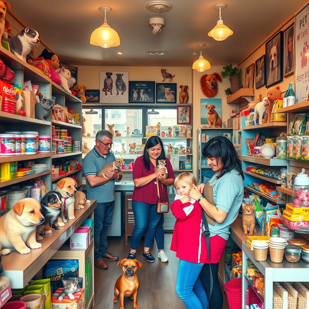 A charming pet shop interior filled with various animals like puppies, kittens, birds, and fish