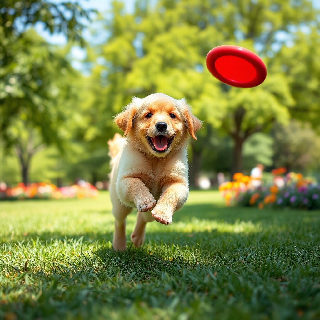 A playful golden retriever puppy running joyfully in a sunlit park