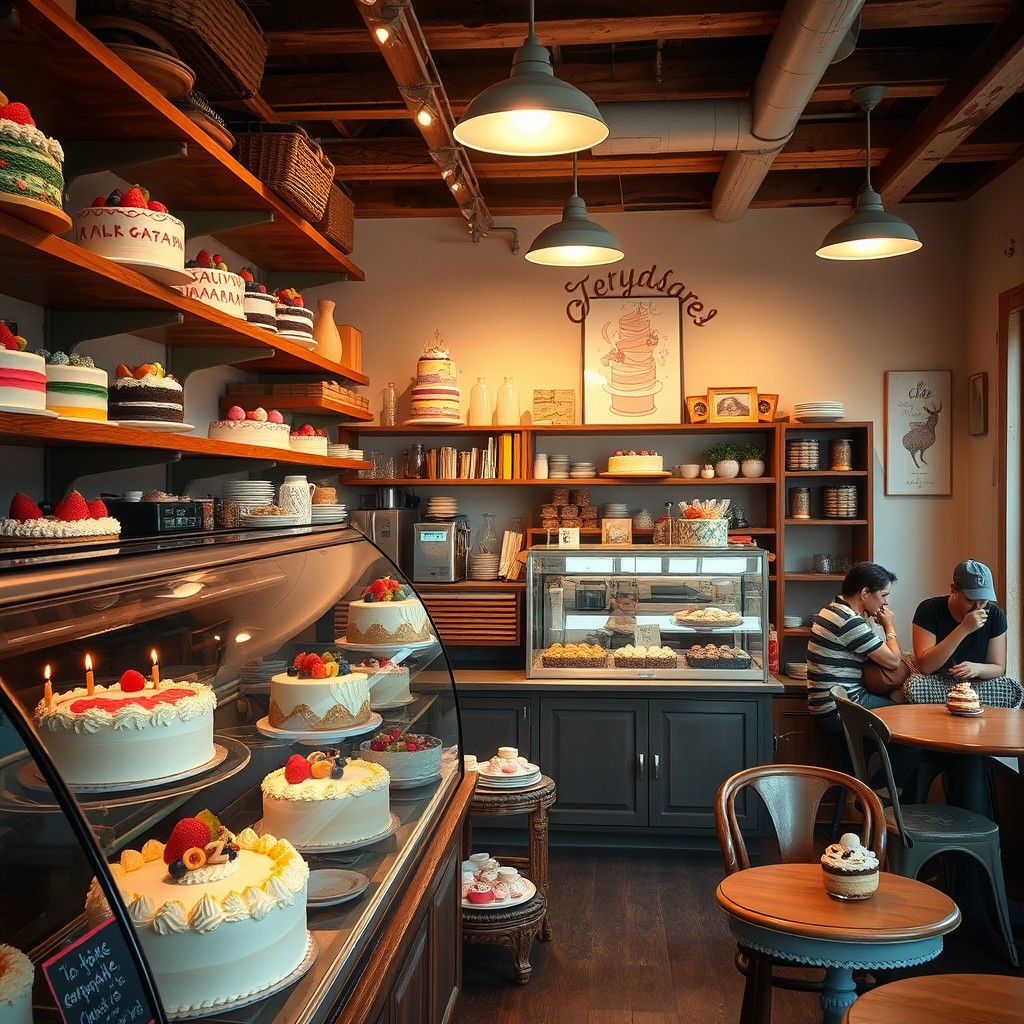 A charming cake shop interior filled with an assortment of beautifully decorated cakes
