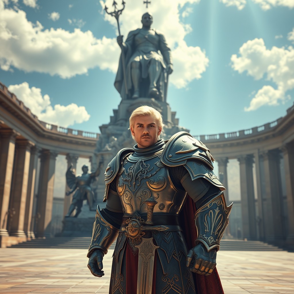 A powerful human knight in his 40's, standing proudly in front of a grand statue commemorating his heroic deeds against a powerful lich