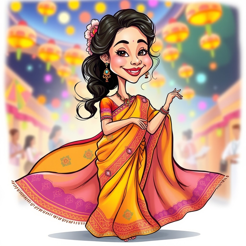 A whimsical caricature of a woman wearing a traditional Indian sari, showcasing vibrant colors and intricate patterns