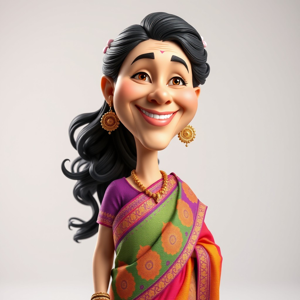 A detailed 3D caricature model of a woman wearing a vibrant and intricately designed sari