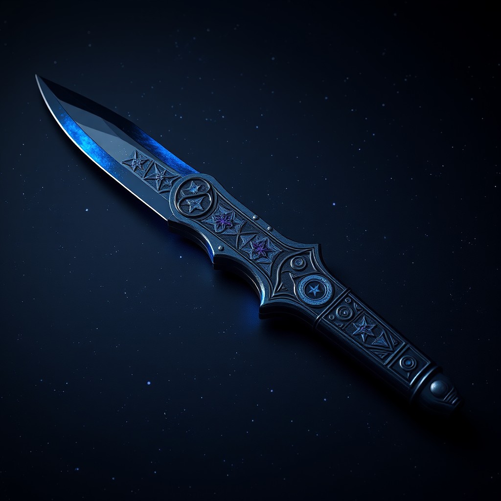 A stunning celestial obsidian edge dagger, featuring an intricately designed hilt adorned with celestial motifs including stars and moons, with a sharp obsidian blade that reflects cosmic hues of deep blues and purples