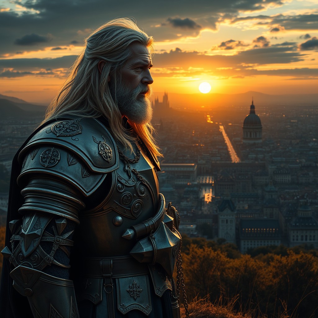 A powerful human knight in his 40's, with long blond hair beginning to turn gray, standing contemplatively on a hill overlooking the city he saved from a powerful lich