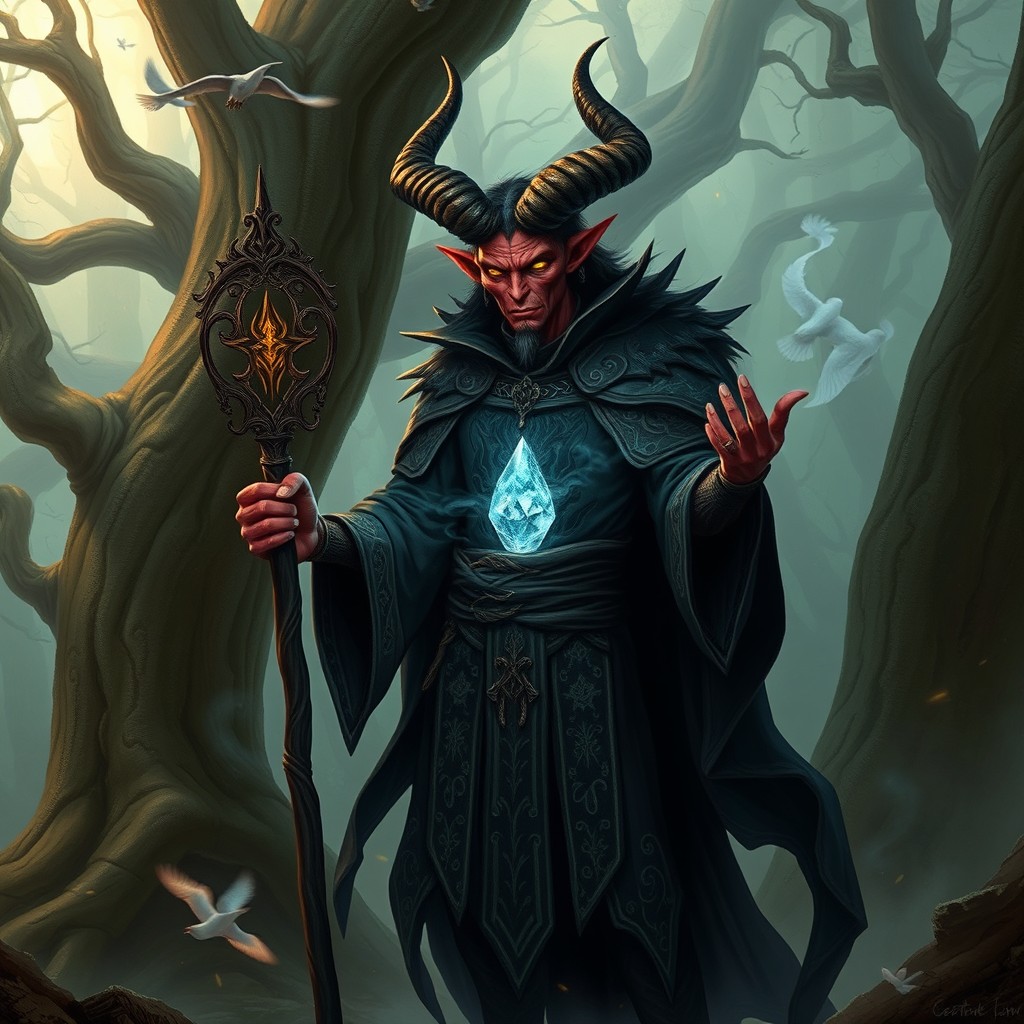 A powerful tiefling warlock standing in a mysterious forest, surrounded by ancient trees and glowing runes