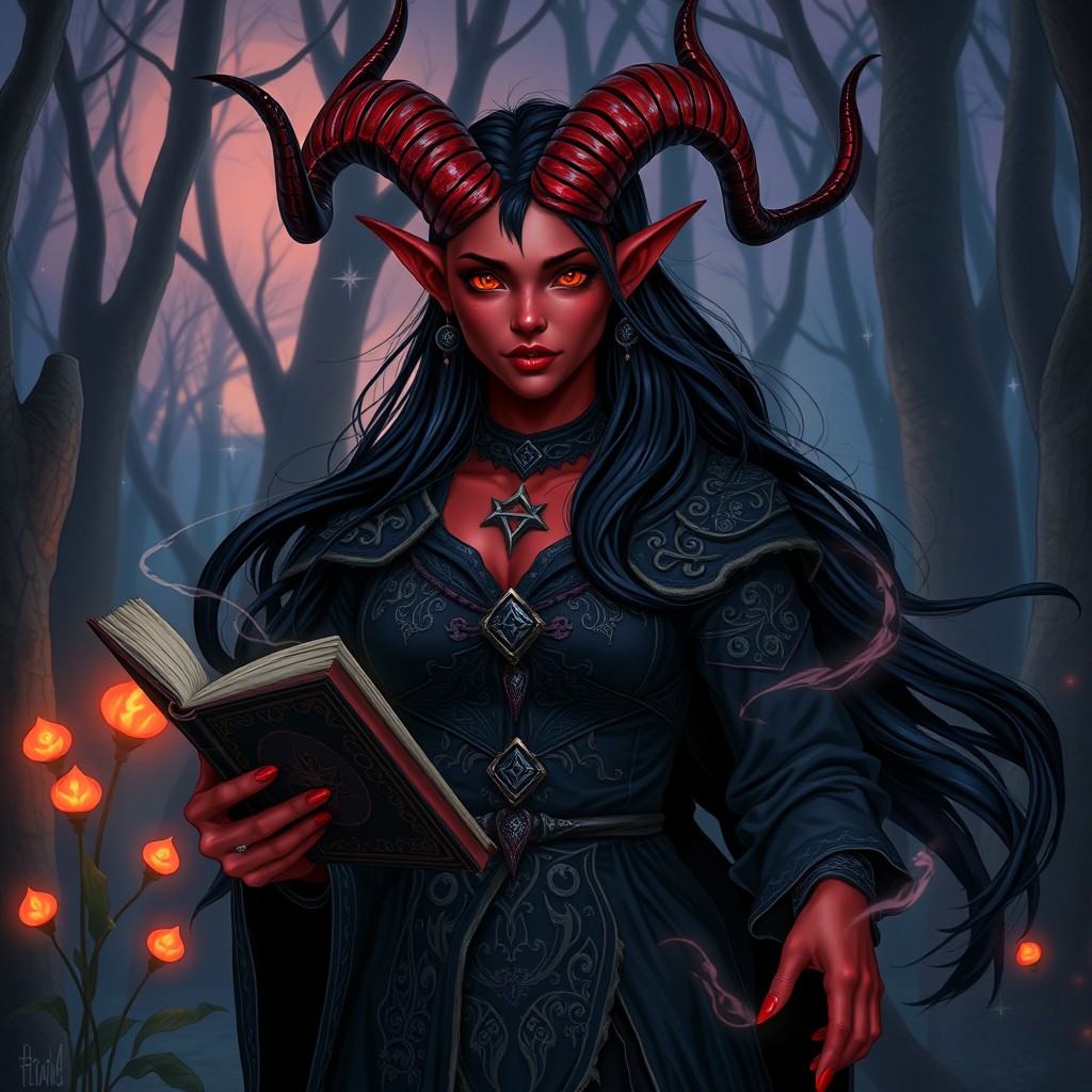 A striking female tiefling warlock, featuring vibrant red skin, long, elegant horns curving from her forehead, and brilliant glowing eyes