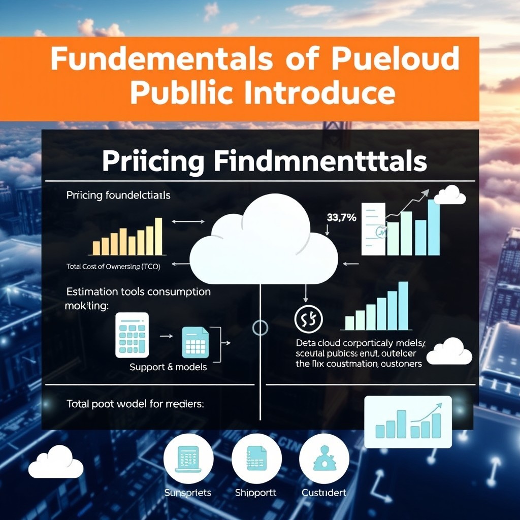 A collage representing the fundamentals of public cloud introduction, focusing on pricing fundamentals, Total Cost of Ownership (TCO), cost estimation tools, consumption optimization, and support models from major cloud providers