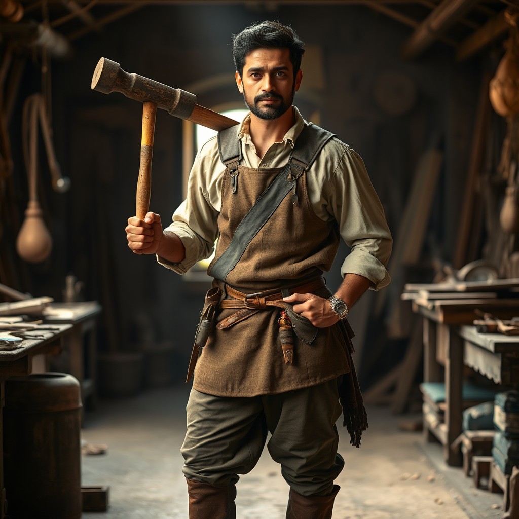 An Indian man dressed in a detailed medieval journeyman artisan's outfit, featuring a rustic tunic and trousers, holding a sturdy sledgehammer with confident posture