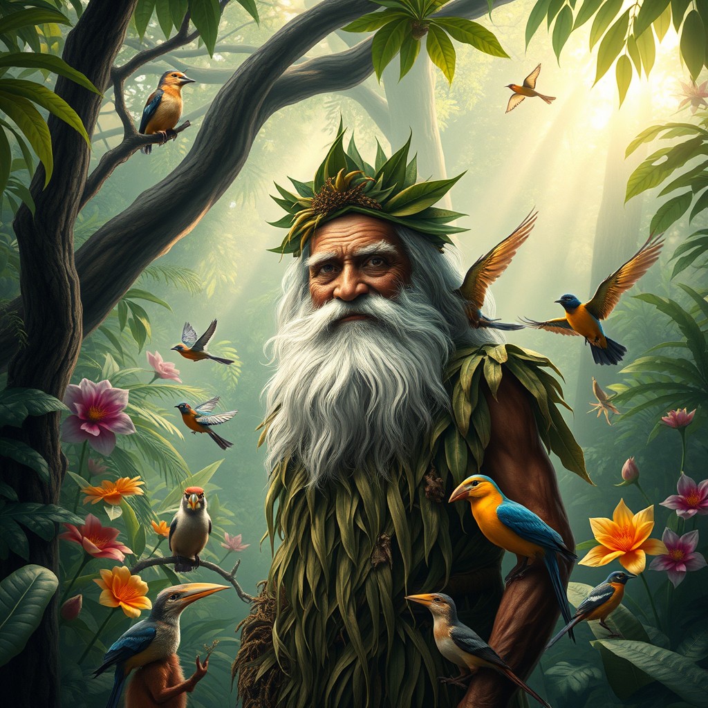 A mystical depiction of Tobago's folklore character Papa Bois, an elderly man with a long white beard, dressed in a traditional outfit made from leaves and animal skins, standing in a lush tropical forest filled with vibrant flora
