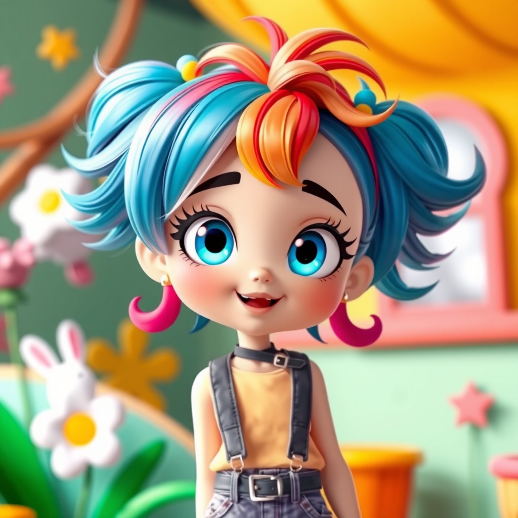 A cute girl inspired by the style and aesthetics of a popular animated TV show, featuring bright colors and a playful expression
