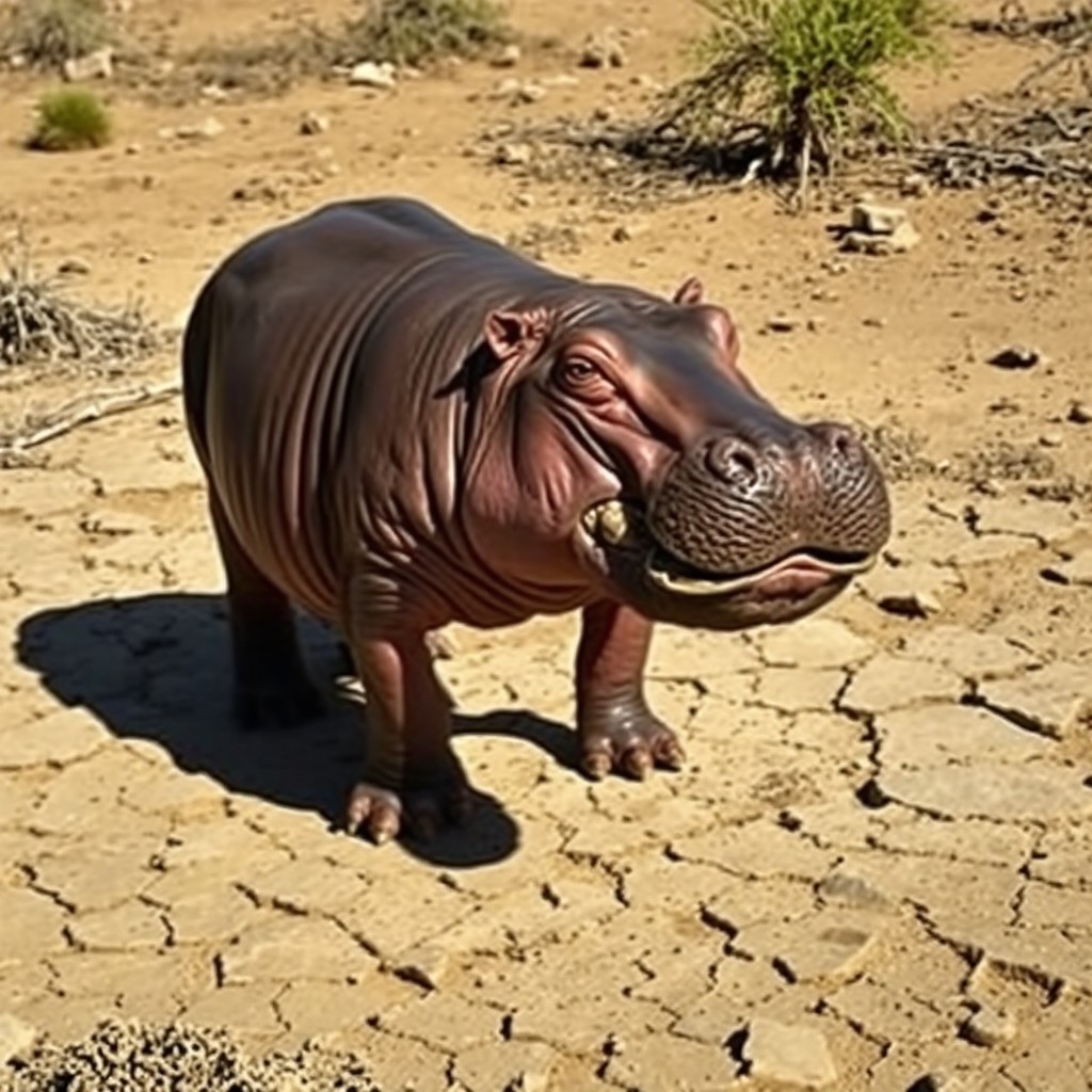 A gaunt and starving hippopotamus, its ribs prominently visible under its thinning skin, meandering along a dry riverbed