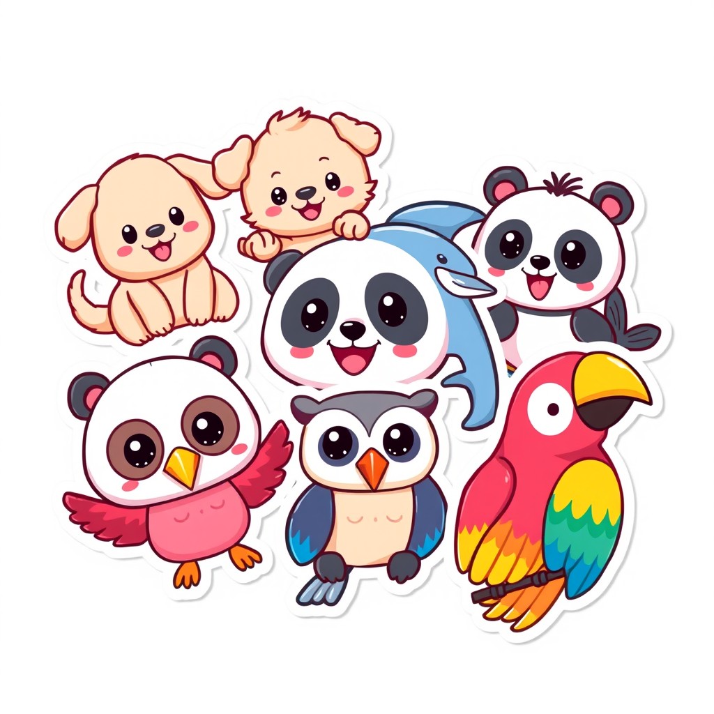 A collection of adorable animal stickers, featuring a variety of cute and cartoonish characters such as a playful puppy, a fluffy kitten, a cheerful dolphin, a happy panda, a curious owl, and a vibrant parrot, each with distinct colors and whimsical expressions