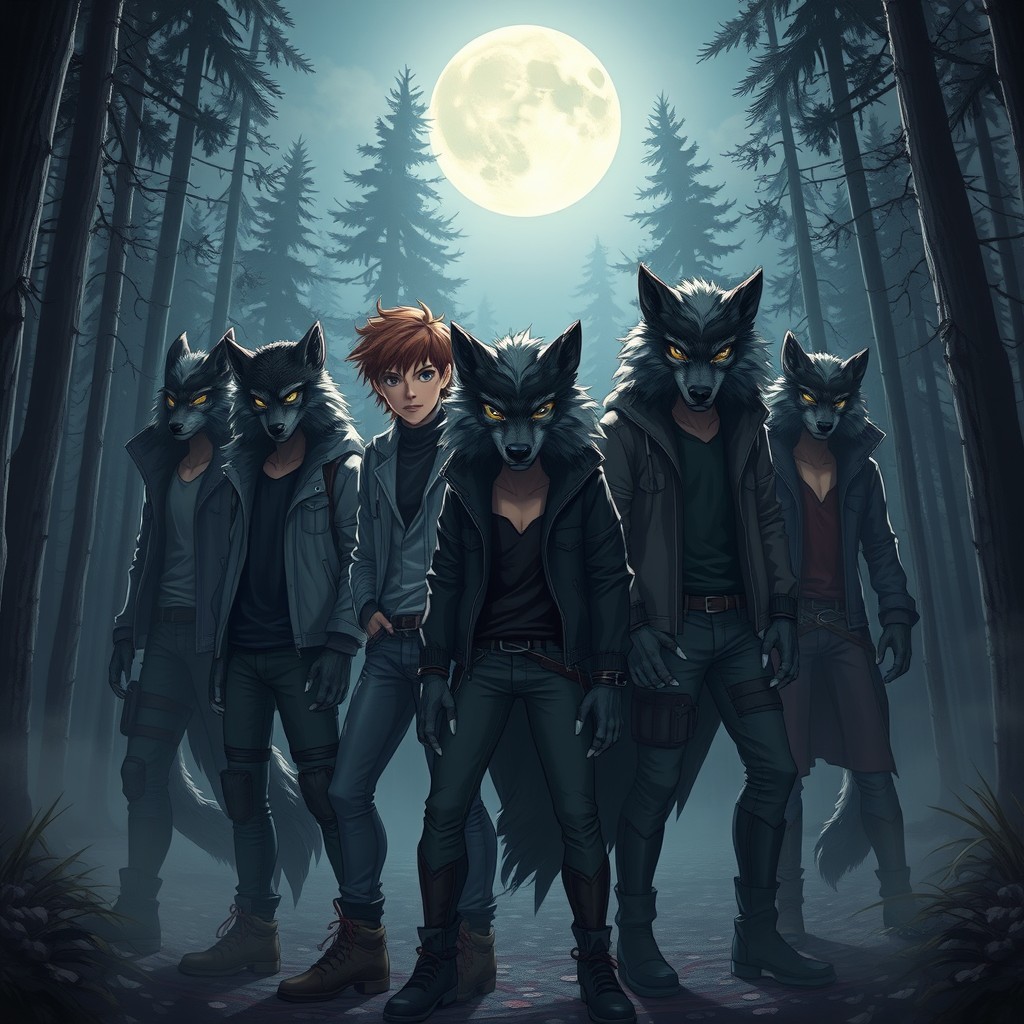 A dynamic scene featuring a group of young werewolves gathered in a moonlit forest, showcasing their wolf-like features with glowing eyes and sharp claws