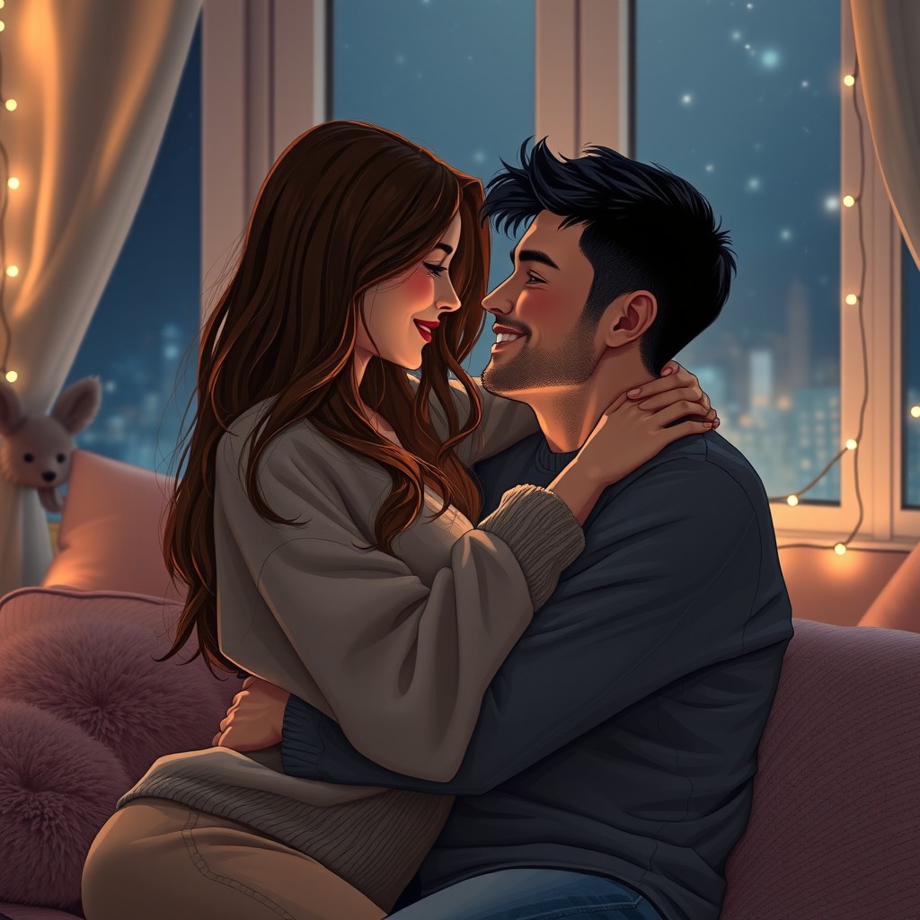 A romantic scene depicting a couple embracing each other in a cozy setting, with soft, warm lighting that highlights their intimate connection