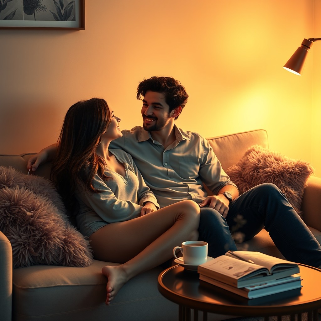 A romantic scene depicting a girlfriend and her lover enjoying a cozy moment together