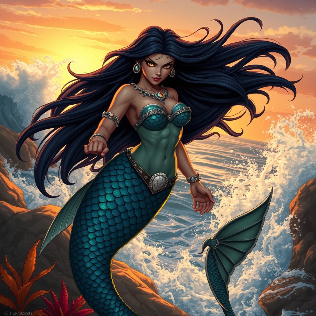 A rogue mermaid with flowing dark hair, adorned with shimmering scales in hues of deep blue and green