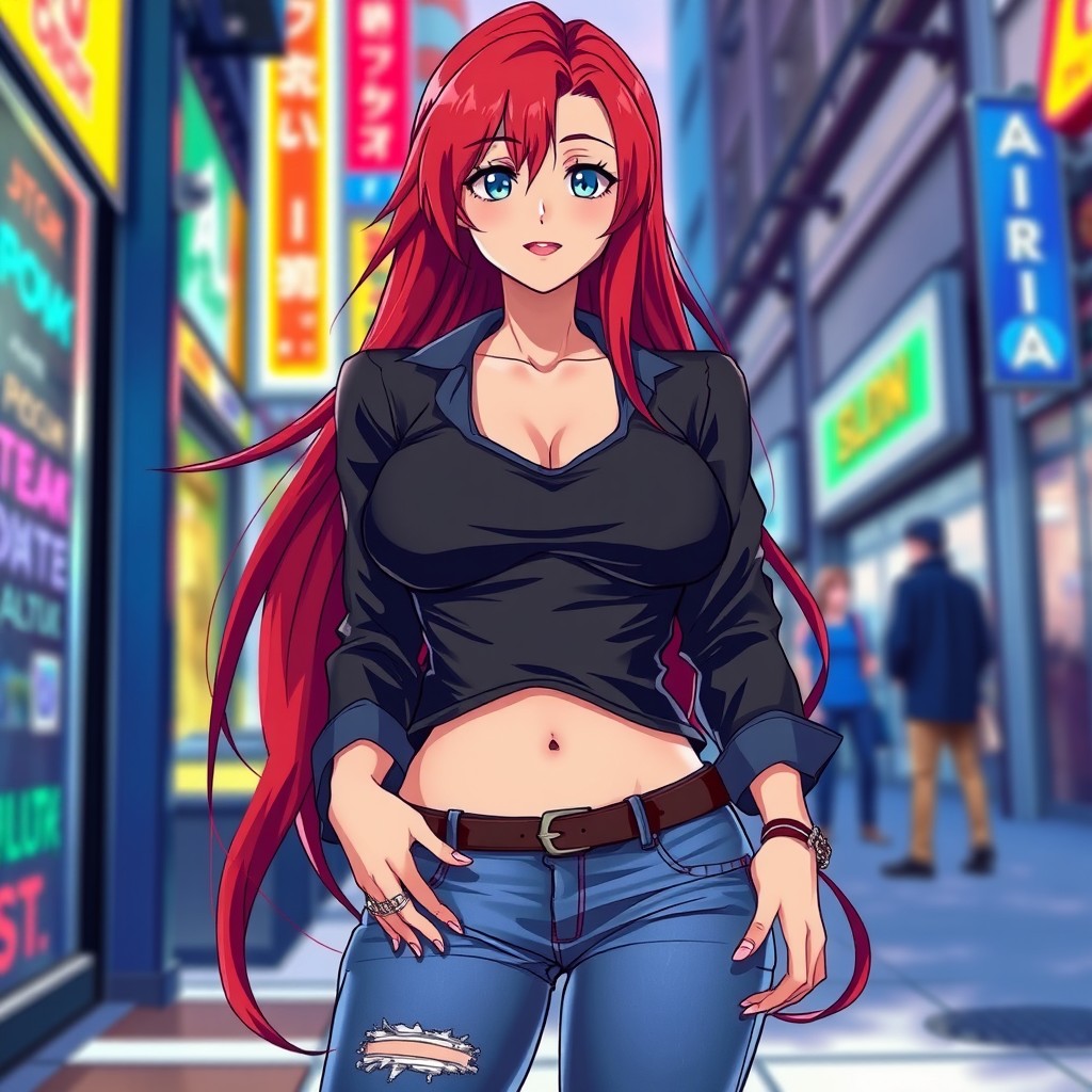 A curvy anime woman with long, flowing red hair and striking blue eyes, dressed in stylish jeans and a form-fitting black shirt that accentuates her figure